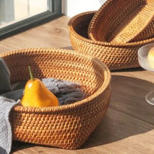 Handmade Square Bottom Circle Woven Fruit Wood Rattan Tray Basket for Home Cosmetic Clothes Bathroom Living Room