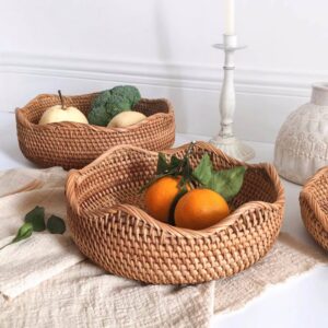 Handmade Wavy Edge Round Woven Fruit Wood Rattan Tray Basket for Home Cosmetic Clothes Bathroom Living Room Storage