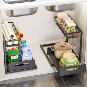 Pull Out Under Sink Organizer: 2-Tier Sliding Cabinet Storage,multi-Purpose Storage Shelf for Kitchen Bathroom(Black,2PACK)