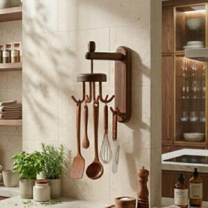 Rustic Walnut Rotating Rack Solid Organizer for Kitchen Utensils and Bathroom Towel