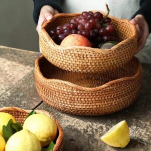 Handmade Rattan Fruit & Bread Basket - Wicker Kitchen Storage Organizer - Boho Home Decor