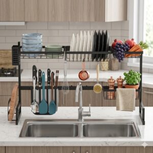 Adjustable Over Sink Dish Drying Rack, 2-Tier Space-Saving Kitchen Organizer, Matte Black Iron