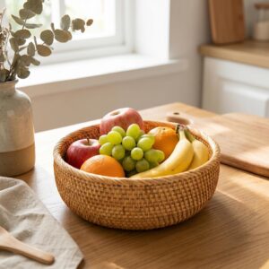 Handwoven Rattan Storage Basket for Bread, Fruit and Desktop Organization