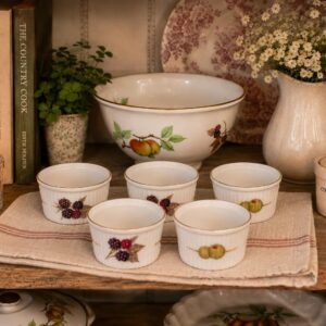 Ramekins Set of 5 - Vintage English Porcelain Custard Cups - Cottage Kitchen Bakeware