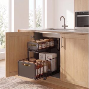 Under Cabinet Kitchen Organizer - Tool Free Pull Out Pantry Storage Shelf - 2 Tier Sliding Home Drawer