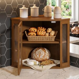 Corner Bread Box for Kitchen Counter Farmhouse Bread Storage Bin with Acrylic Door Large Countertop Food Organizer