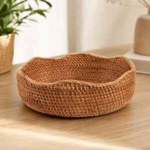 Handwoven Rattan Storage Basket, Round Wicker Fruit Bowl, Bread Basket, Kitchen Organizer, Home Decor