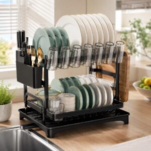 Two-Tier Dish Drying Rack, Large Capacity Kitchen Counter Organizer, Utensil Knife Cutting Board Holder
