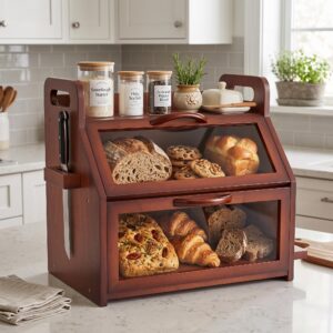 Double-Tier Bamboo Bread Box, Clear Window Kitchen Countertop Organizer