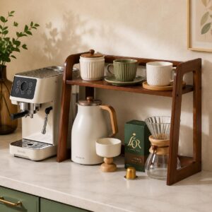 Bamboo Coffee Station Organizer, 2 Tier Kitchen Counter Shelf, Wooden Coffee Bar Storage Rack, Tea Mug Holder, Rustic Countertop Organizer