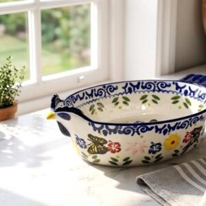 Vintage Butterfly Floral Ceramic Pie Pan Chicken Bakeware Casserole Dish Oven Serving Baker Blue